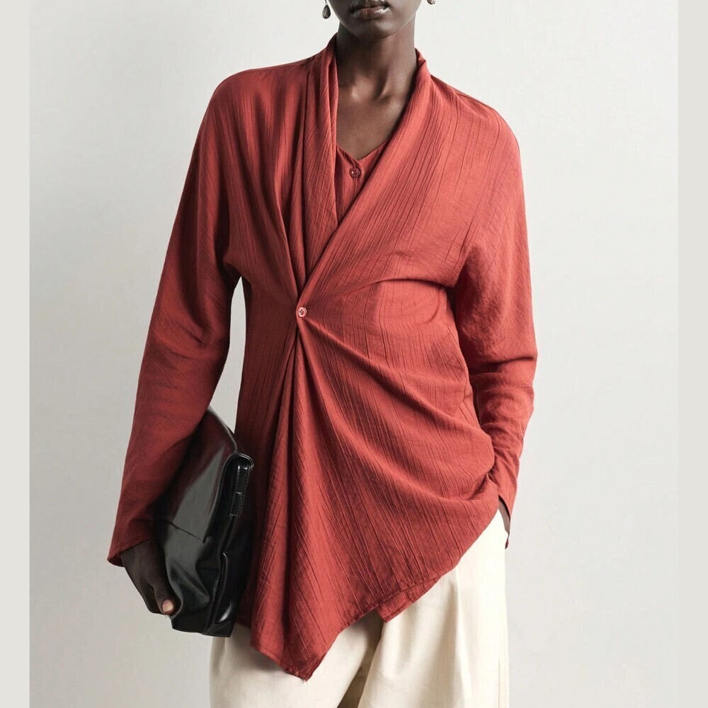 Rust Red Draped V Neck Asymmetric Hem Button Front Blouse